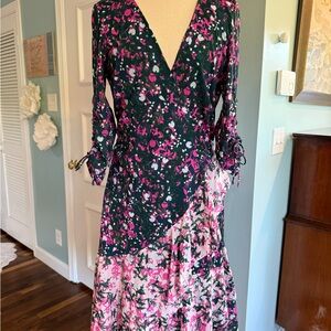 Diane von Furstenberg Floral Mesh Wrap Silhouette Dress, Pink and Green, ruching